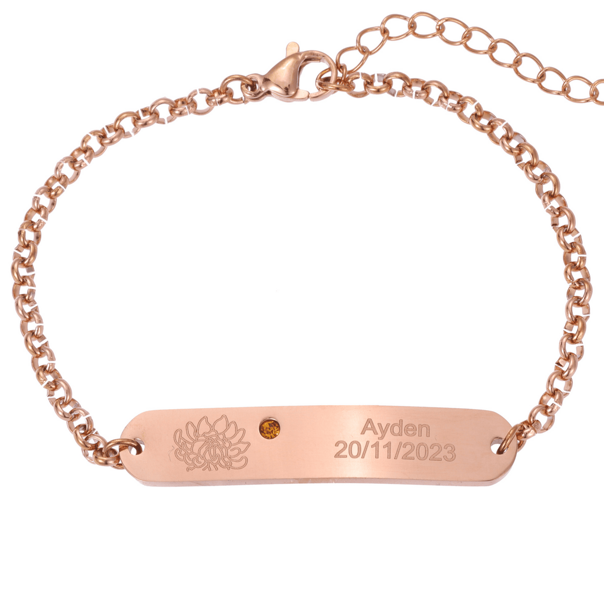 Personalized Engraved ID Bracelet with Flower and Birthstone - ALMAGIOIELLI