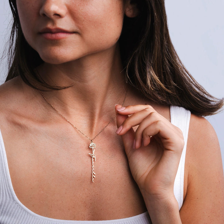 Vertikale Halskette Name & Geburtsblume