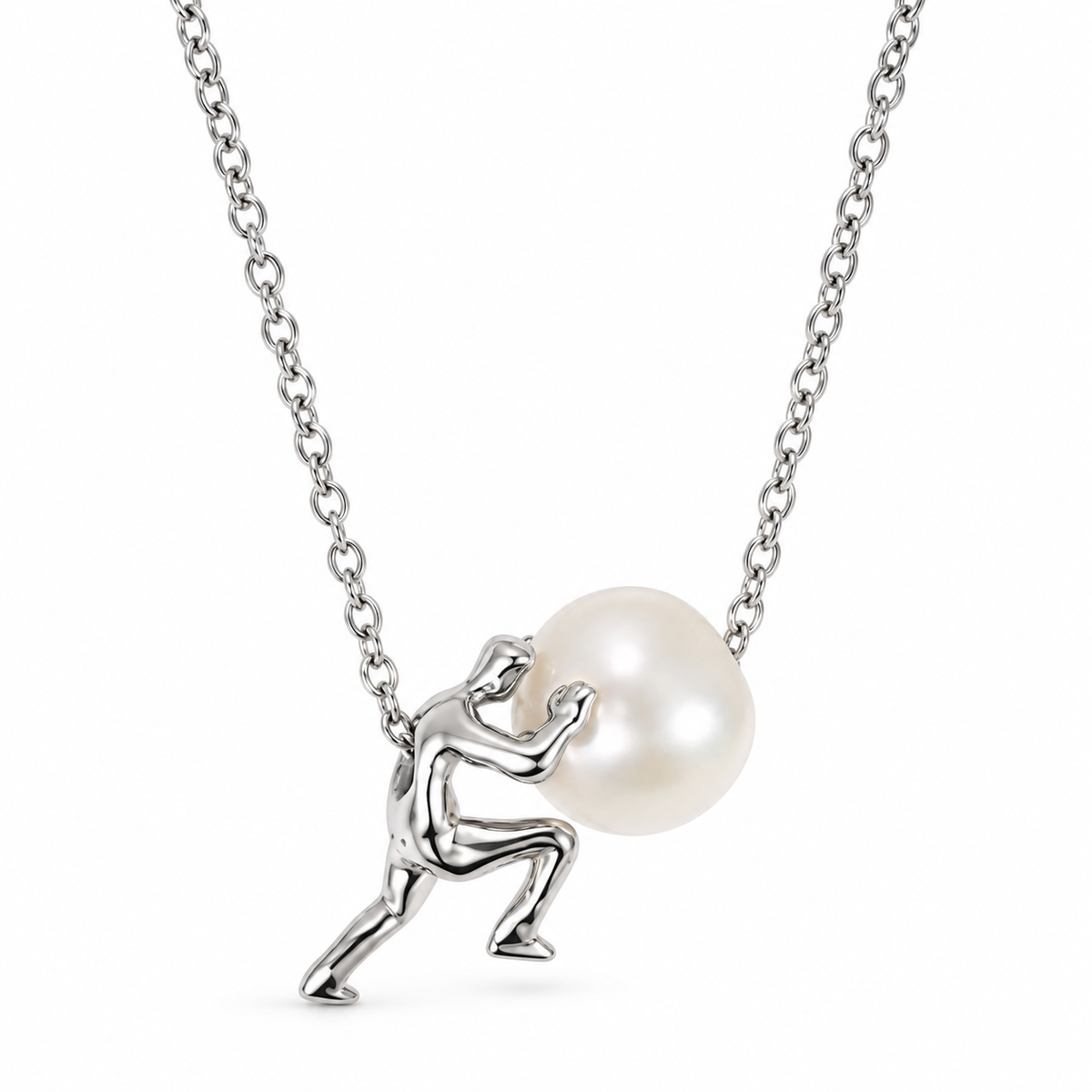 Collana Sisifo ALMA in acciaio con perla, packshot su fondo bianco