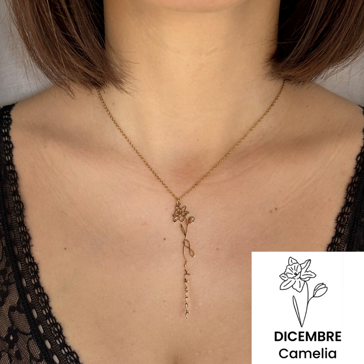 Collar vertical con nombre y flor de nacimiento 