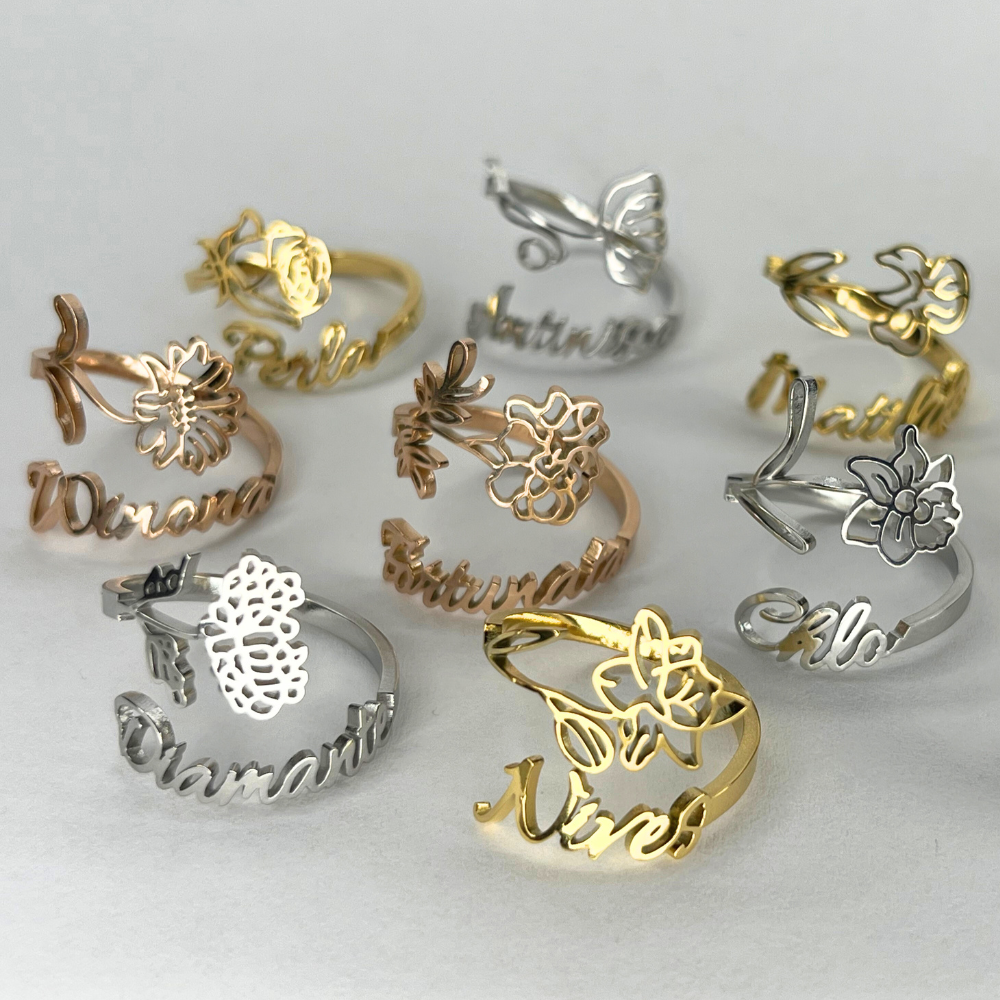 Name Ring &amp; Birth Flower 