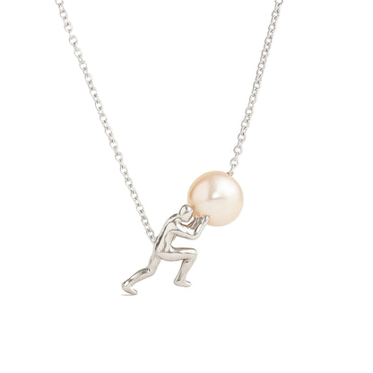 Collana Sisifo ALMA, ciondolo argento con perla su fondo bianco
