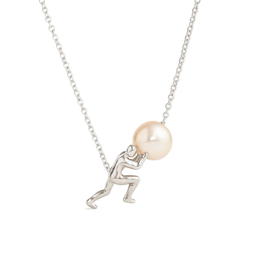 Collana Sisifo ALMA, ciondolo argento con perla su fondo bianco