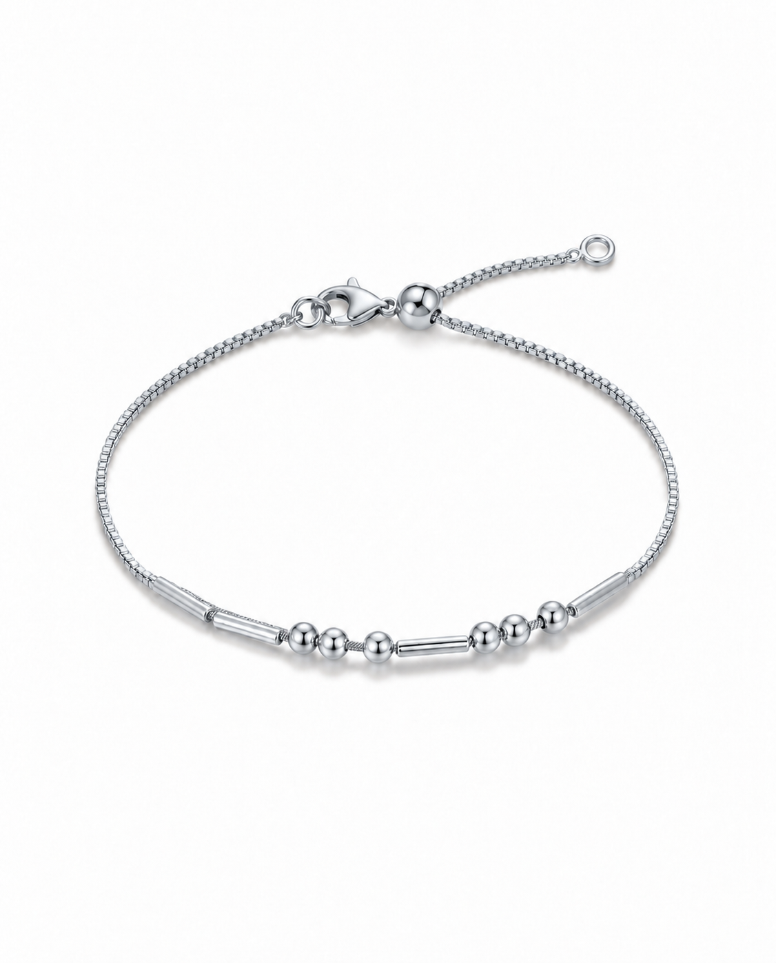 Bracelet argenté en code Morse avec fermoir mousqueton et boule coulissante réglable