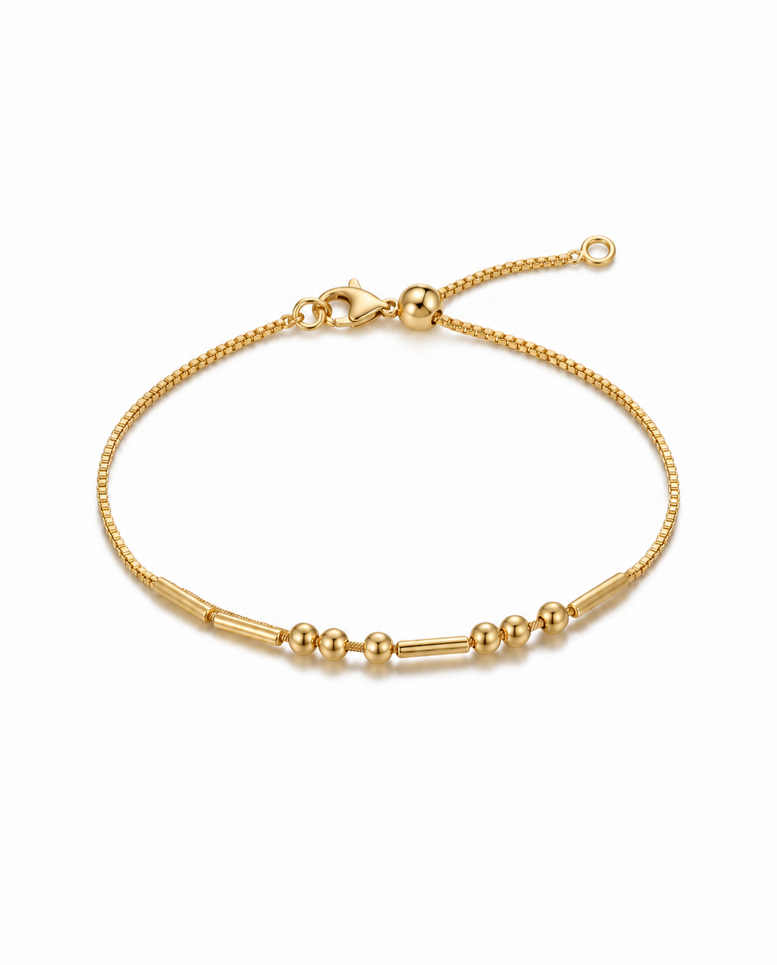 Bracelet doré en code Morse avec fermoir mousqueton et boule coulissante réglable