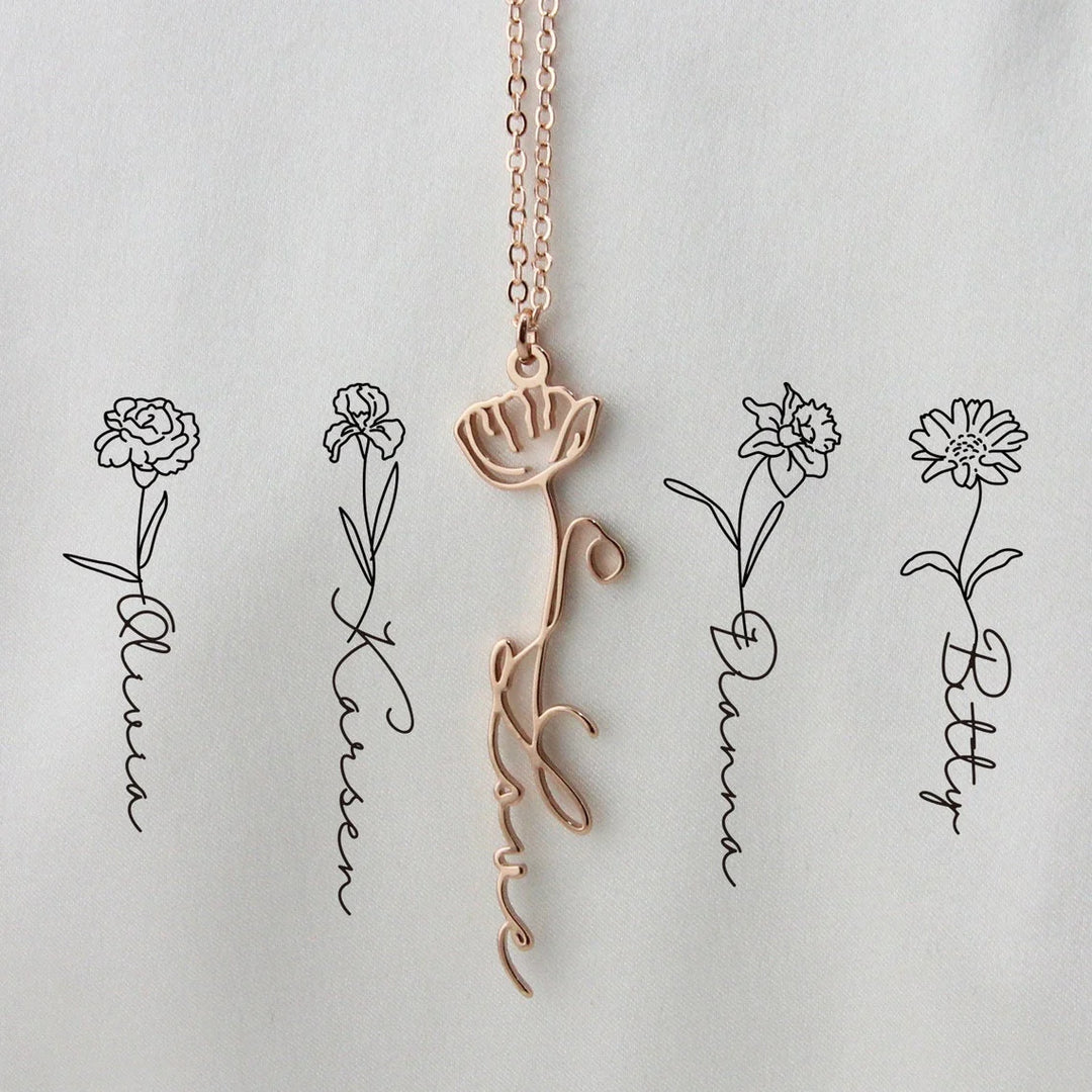 Vertical Name &amp; Birth Flower Necklace 