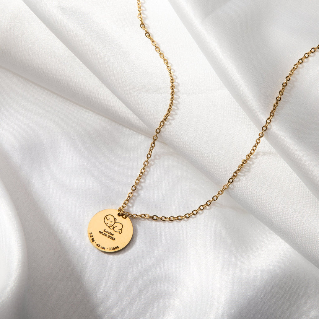 Custom Baby Birth Details Necklace – Engraved Pendant - ALMAGIOIELLI
