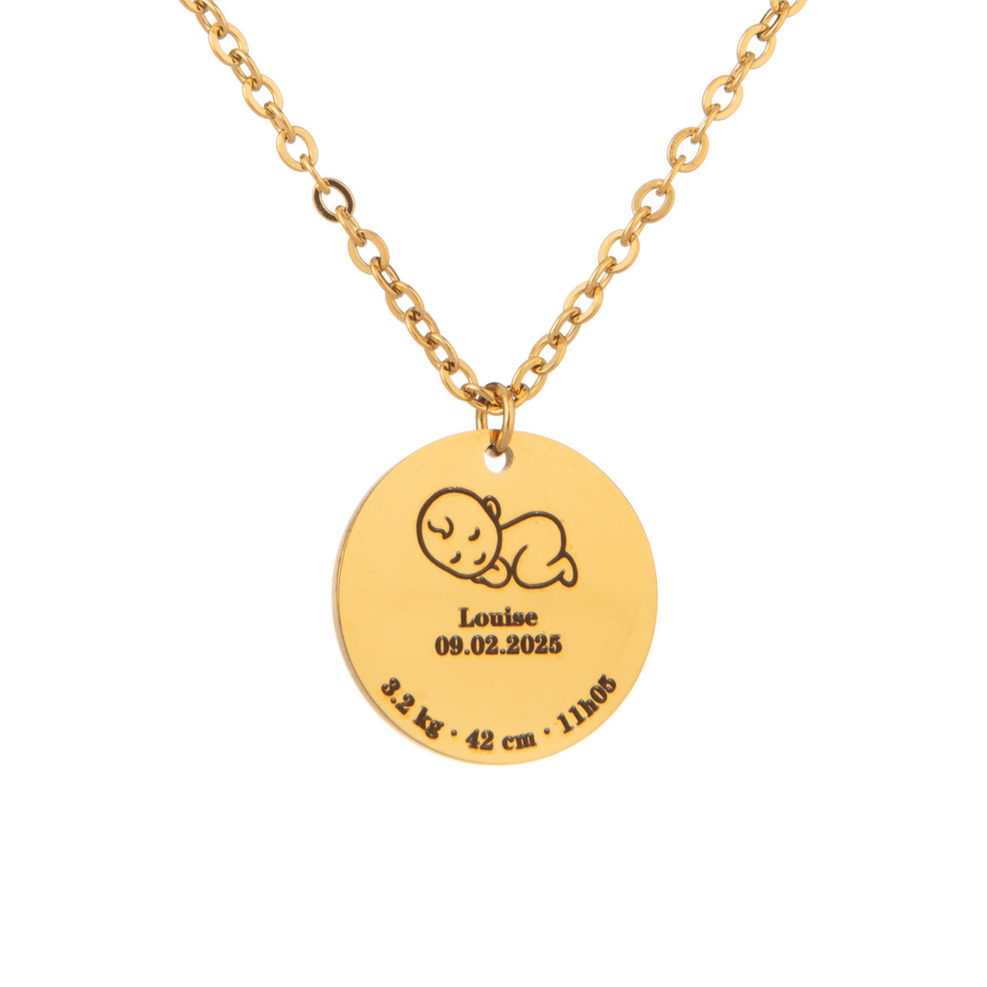 Custom Baby Birth Details Necklace – Engraved Pendant - ALMAGIOIELLI