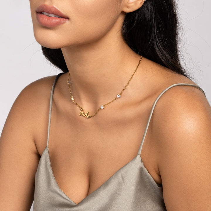 Custom Name Necklace with 4 Crystal Hearts - ALMAGIOIELLI