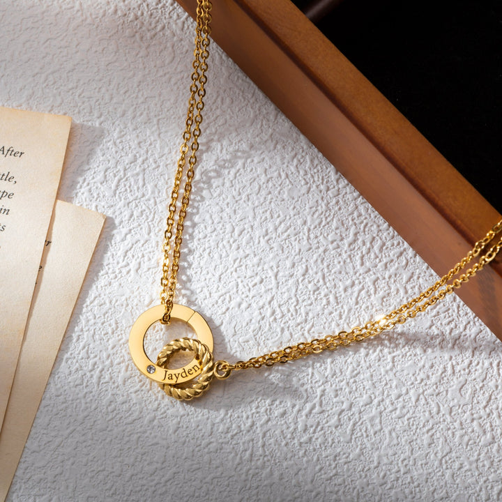 Engraved Circle Necklace with Twisted Ring & Clear Crystal - ALMAGIOIELLI