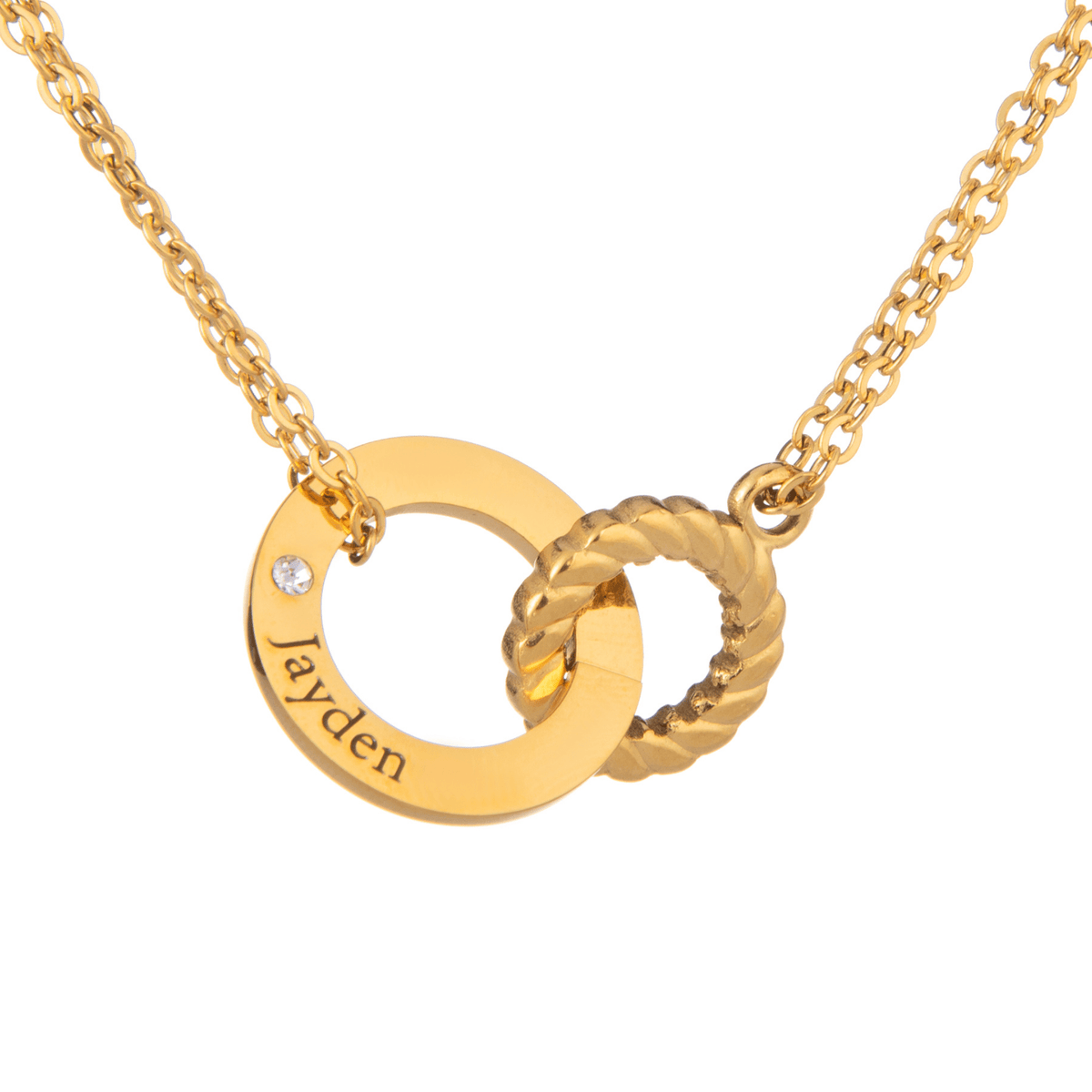 Engraved Circle Necklace with Twisted Ring & Clear Crystal - ALMAGIOIELLI