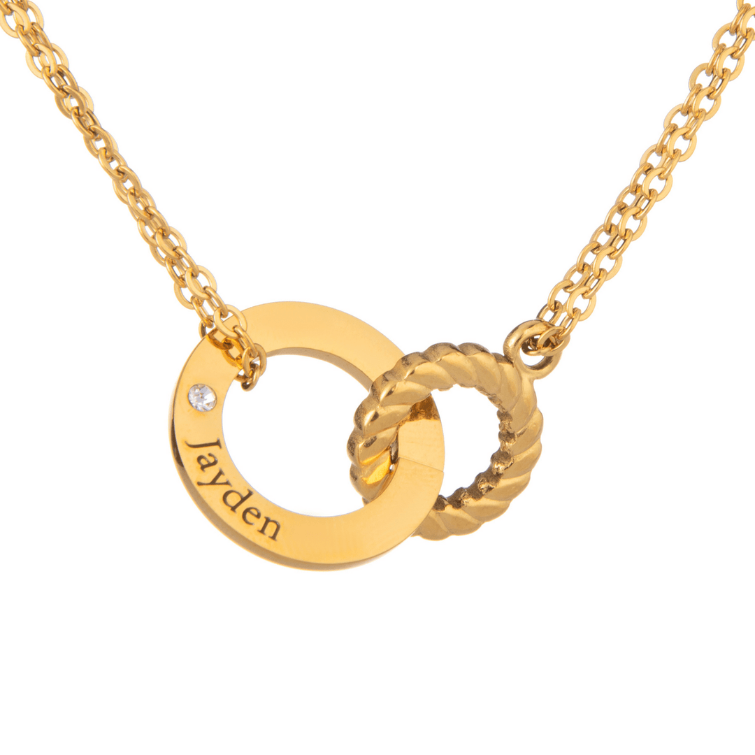 Engraved Circle Necklace with Twisted Ring & Clear Crystal - ALMAGIOIELLI