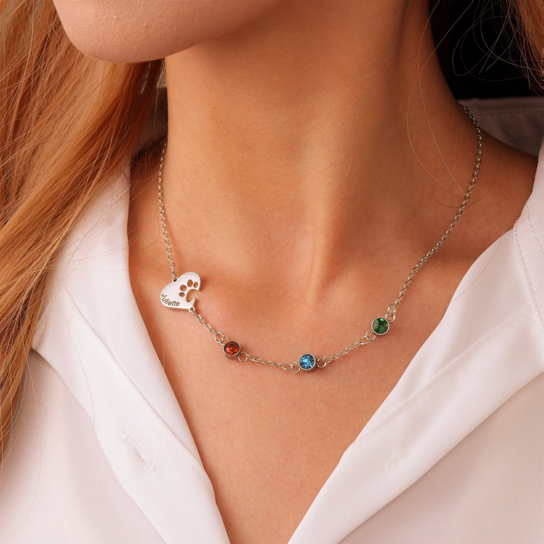 Heart Necklace with Engraved Print and Birthstones - ALMAGIOIELLI