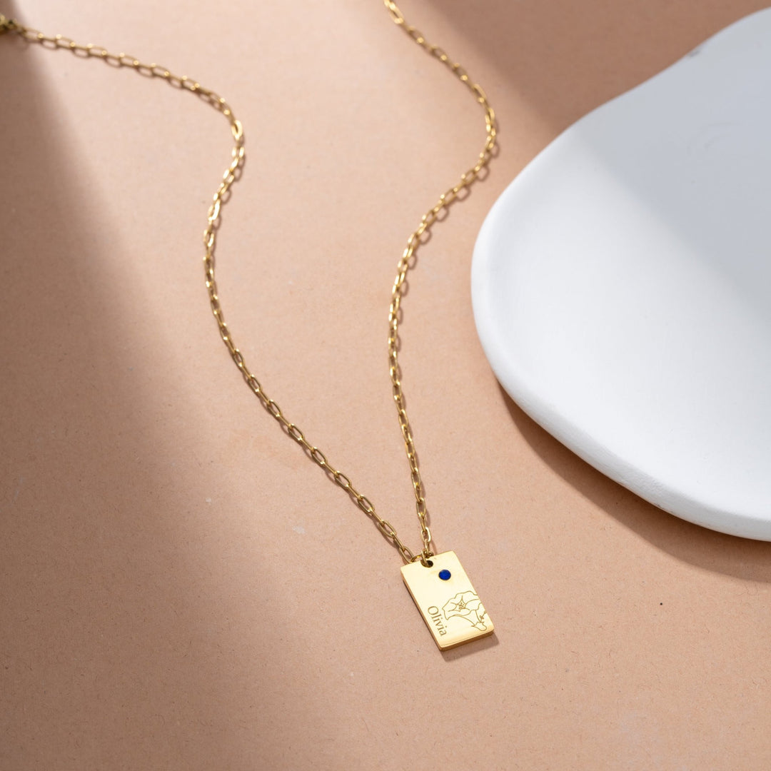 Name and Flower Pendant with Birthstone - ALMAGIOIELLI
