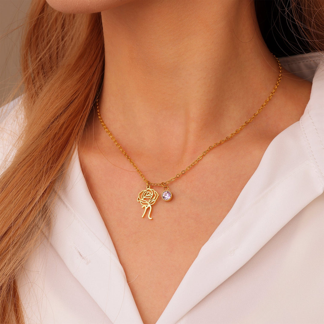 Personalized Engraved Flower Necklace with Birthstone - ALMAGIOIELLI