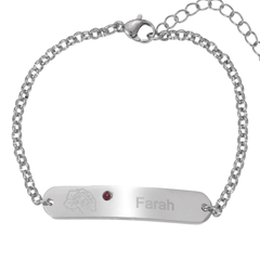 Personalized Engraved ID Bracelet with Flower and Birthstone - ALMAGIOIELLI