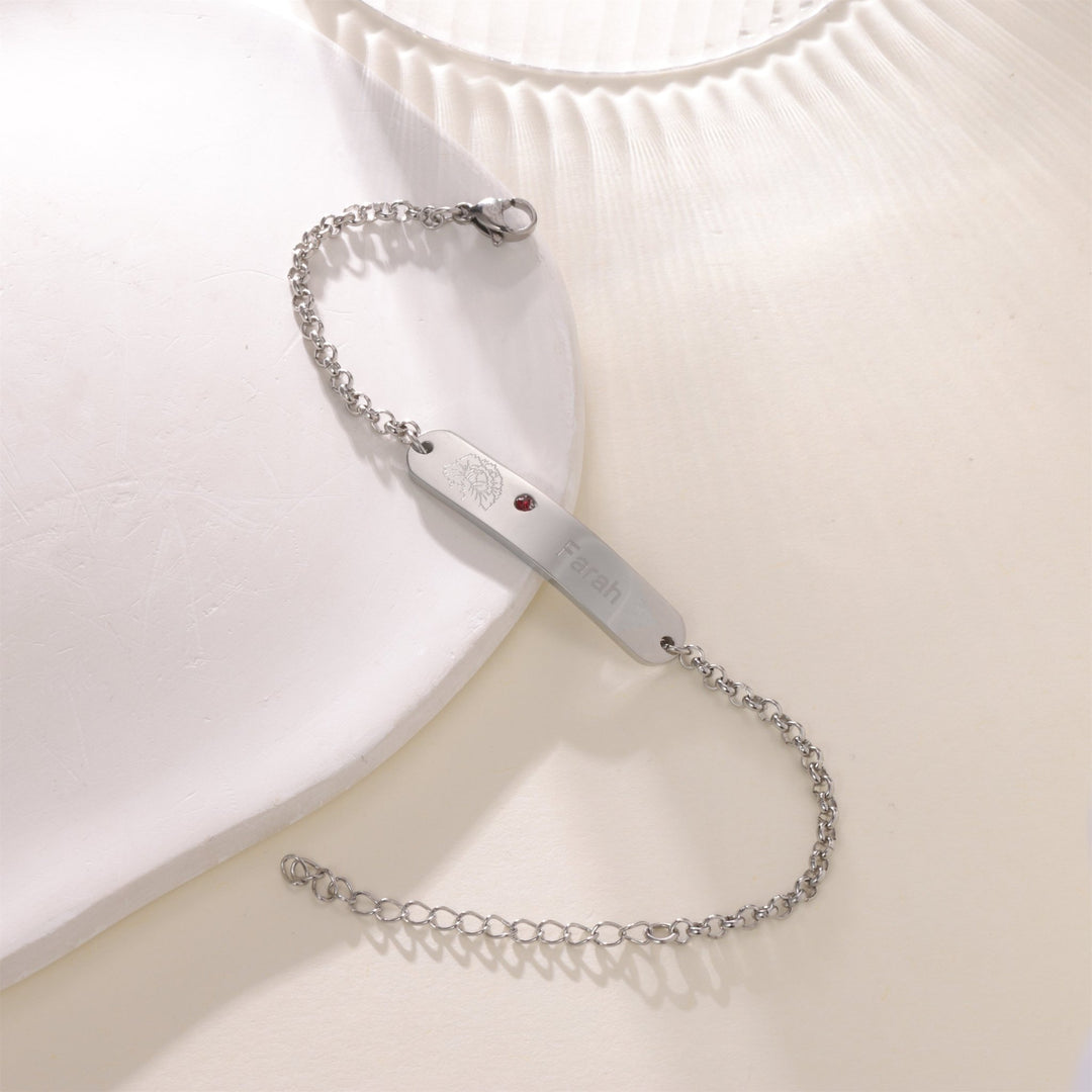 Personalized Engraved ID Bracelet with Flower and Birthstone - ALMAGIOIELLI