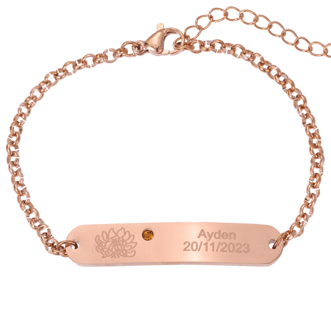 Personalized Engraved ID Bracelet with Flower and Birthstone - ALMAGIOIELLI