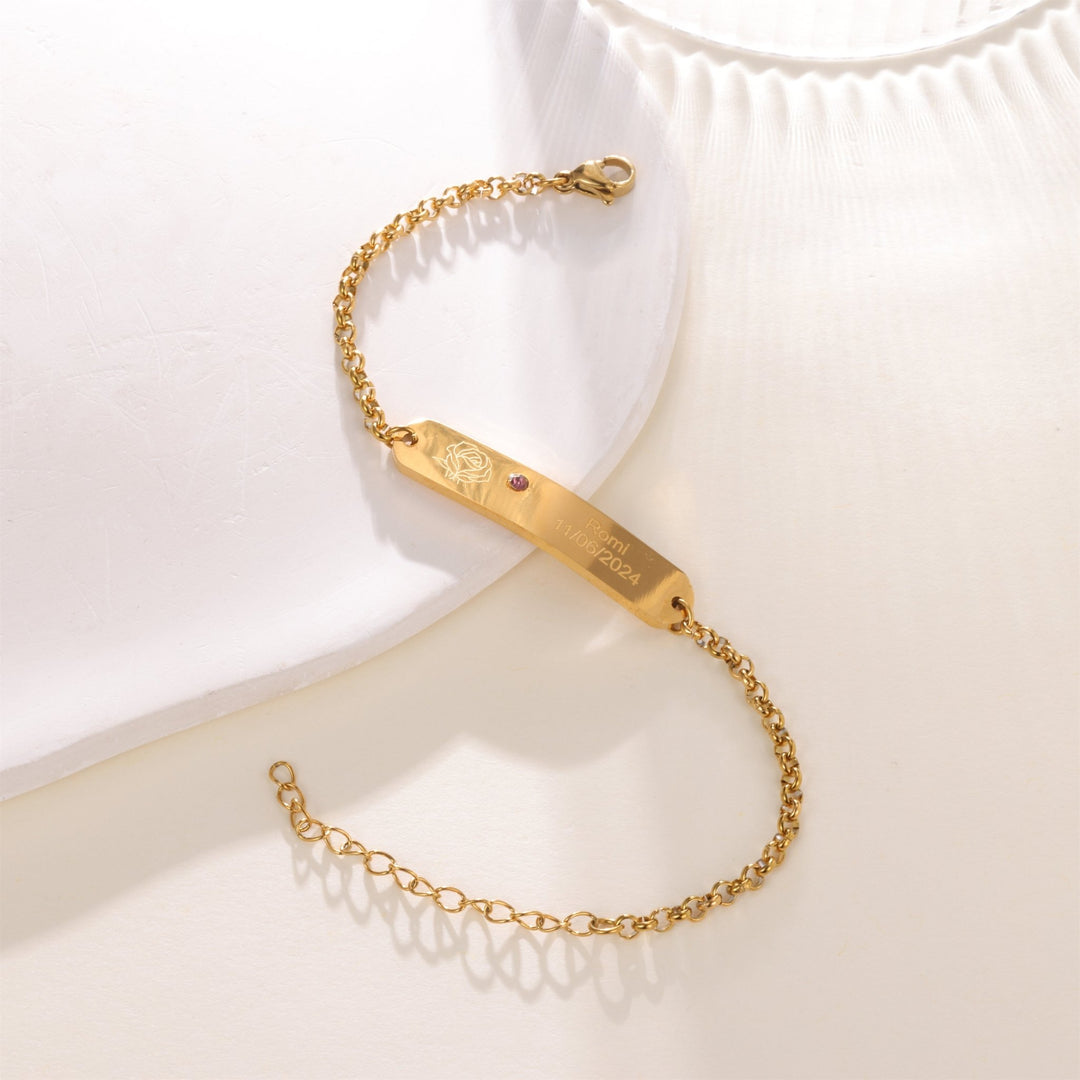 Personalized Engraved ID Bracelet with Flower and Birthstone - ALMAGIOIELLI