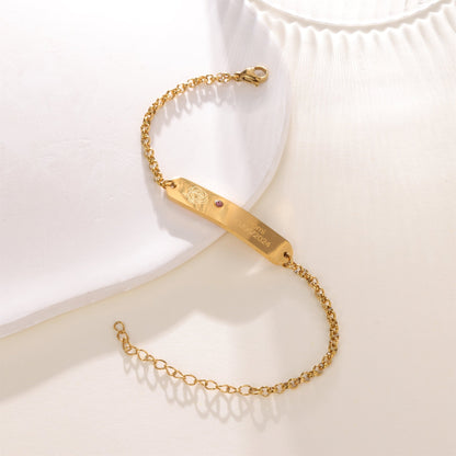 Personalized Engraved ID Bracelet with Flower and Birthstone - ALMAGIOIELLI
