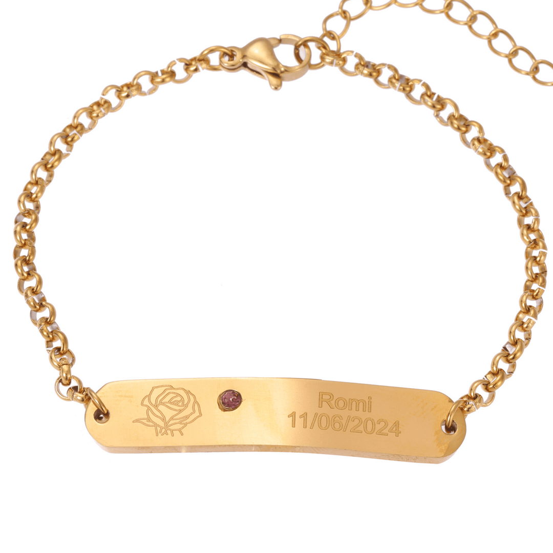 Personalized Engraved ID Bracelet with Flower and Birthstone - ALMAGIOIELLI
