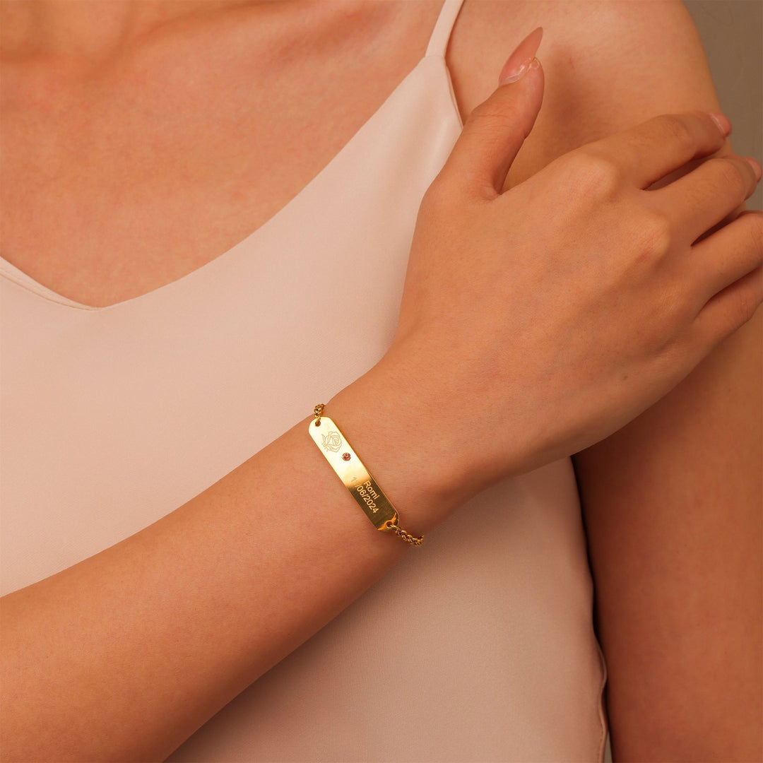 Personalized Engraved ID Bracelet with Flower and Birthstone - ALMAGIOIELLI