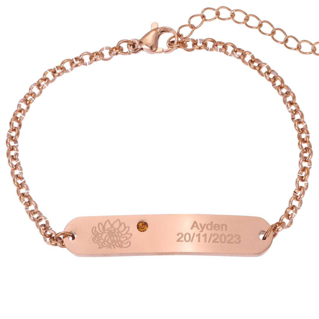 Personalized Engraved ID Bracelet with Flower and Birthstone - ALMAGIOIELLI
