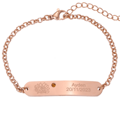 Personalized Engraved ID Bracelet with Flower and Birthstone - ALMAGIOIELLI