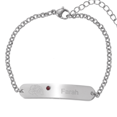 Personalized Engraved ID Bracelet with Flower and Birthstone - ALMAGIOIELLI
