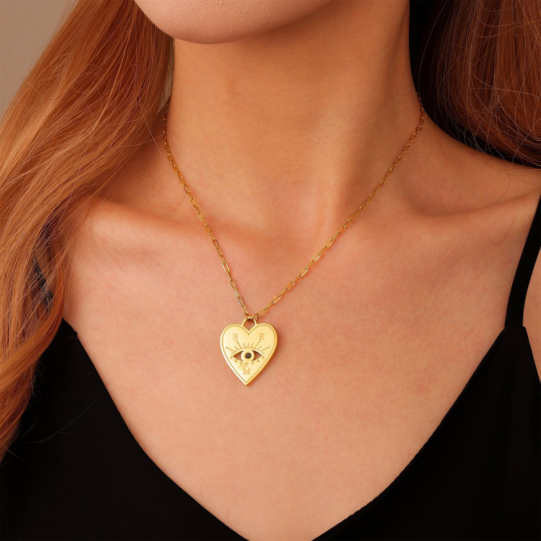 Personalized Heart Necklace with Evil Eye and Stone - ALMAGIOIELLI