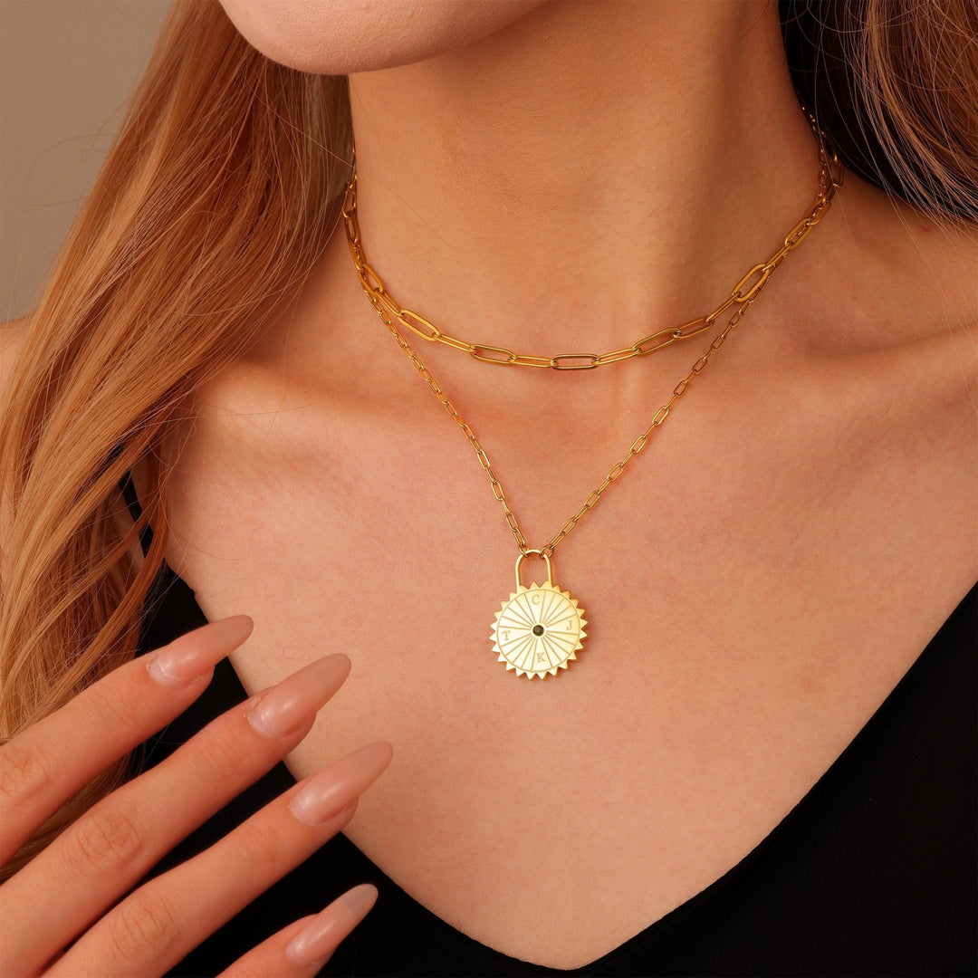 Personalized Sun Padlock Necklace with Initials & Stone - ALMAGIOIELLI
