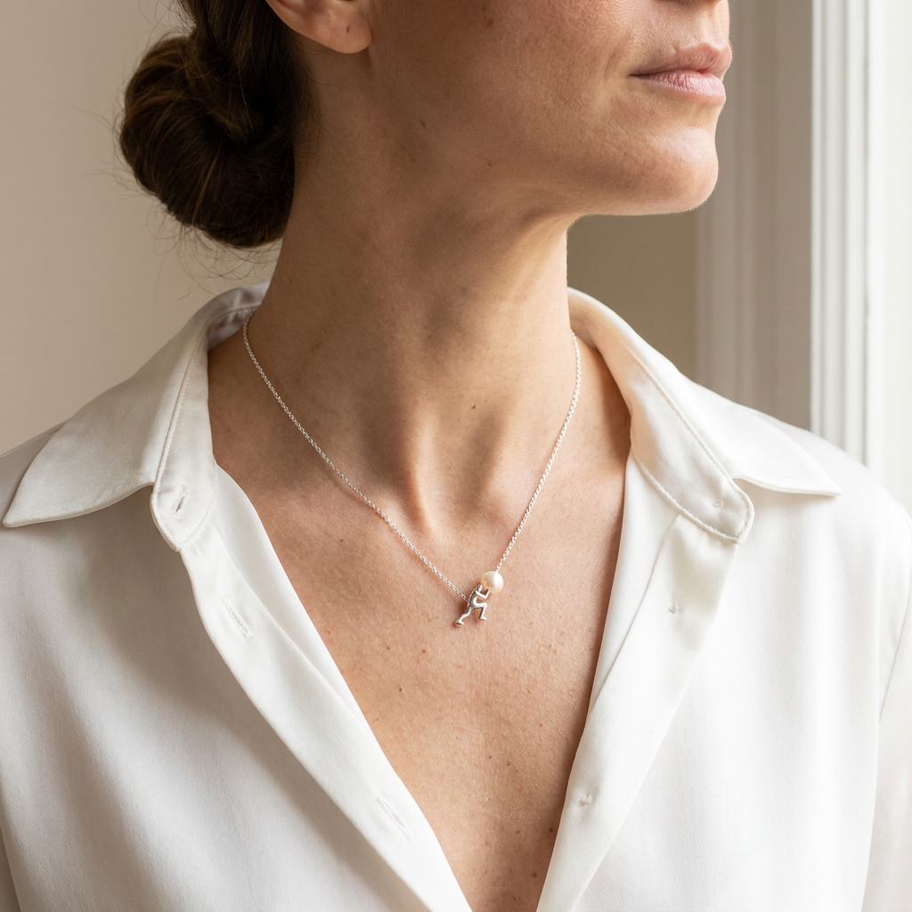 Collana Sisifo ALMA indossata da donna con camicia bianca